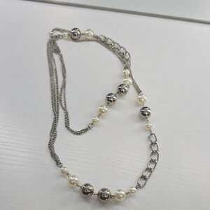 Silver And Pearl Long Necklace
